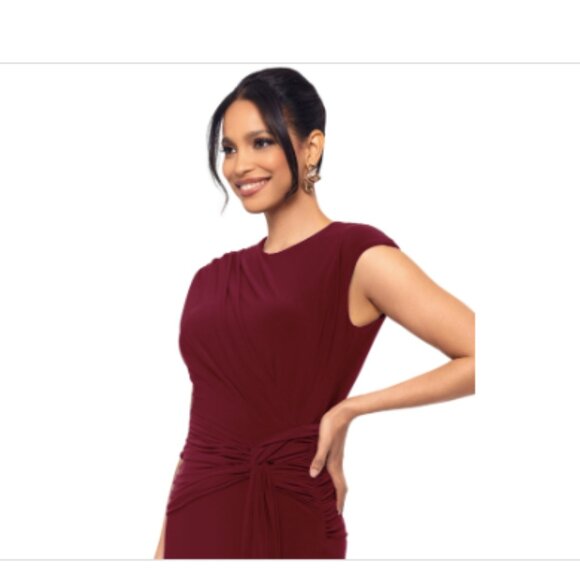 Betsy Adam Petite Cap Sleeve Gathered Gow Bordeaux 14P - Picture 2 of 4